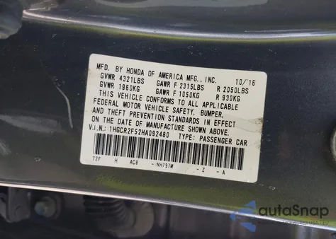 2017 Honda Accord Sport from USA, damaged, VIN 1HGCR2F52HA092480